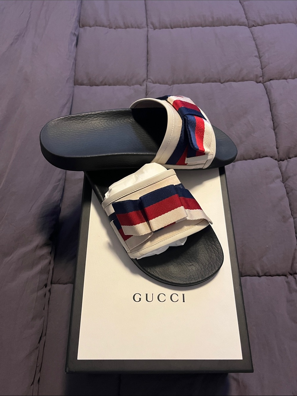 Gucci Black Slides with Navy, Red & White Bow